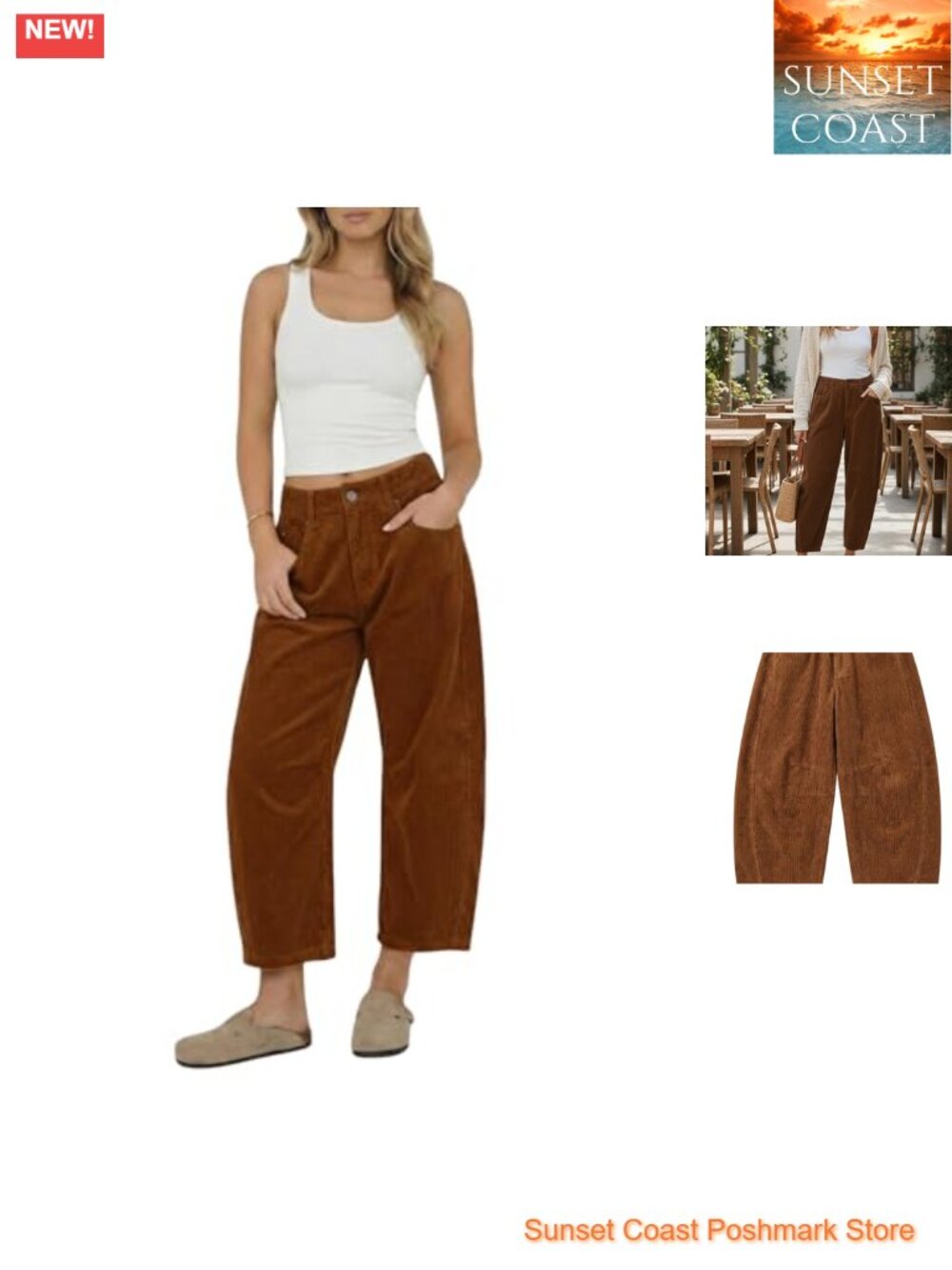 Corduroy Barrel Pants Mid-Rise Elastic Waist Wide Leg Trousers